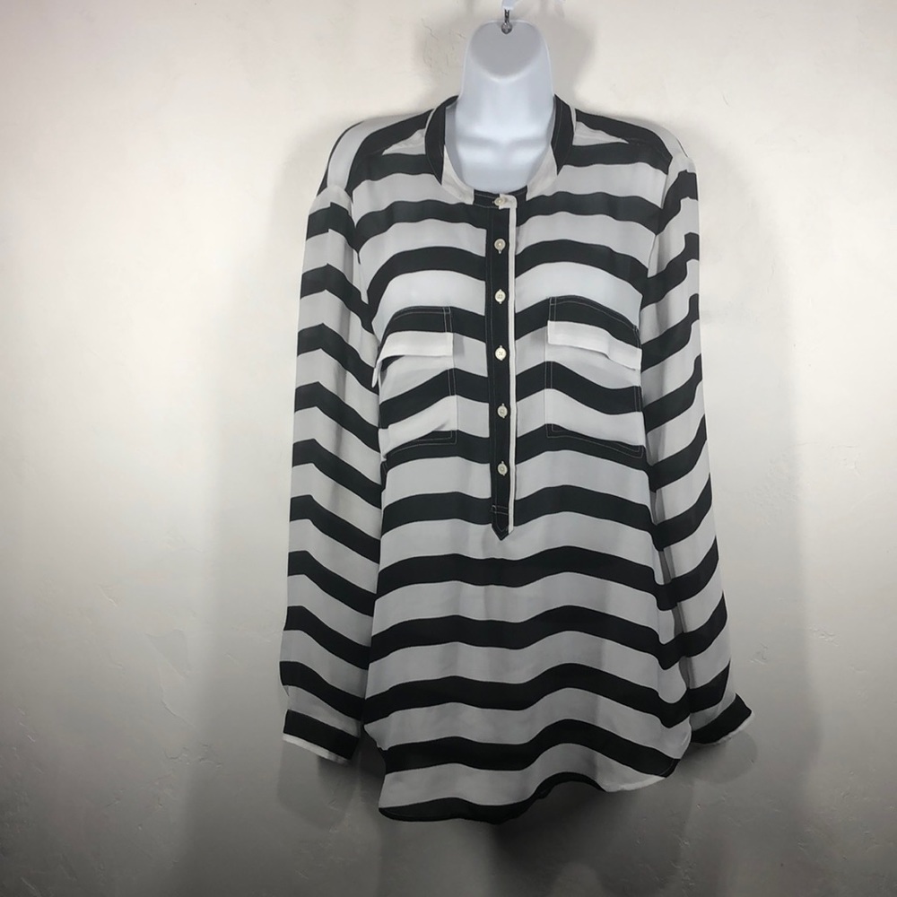 Banana Republic Black and White Striped Long-Sleeve Blouse